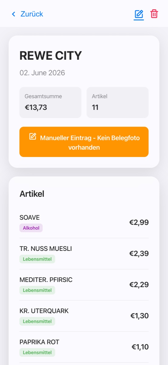 CashFlow AI — Beleg mit KI-kategorisierten Artikeln