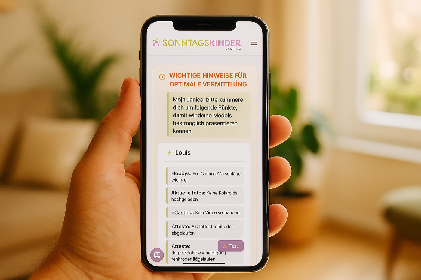 Sonntagskinder Model-Portal — die App in der Hand, im hellen Wohnzimmer